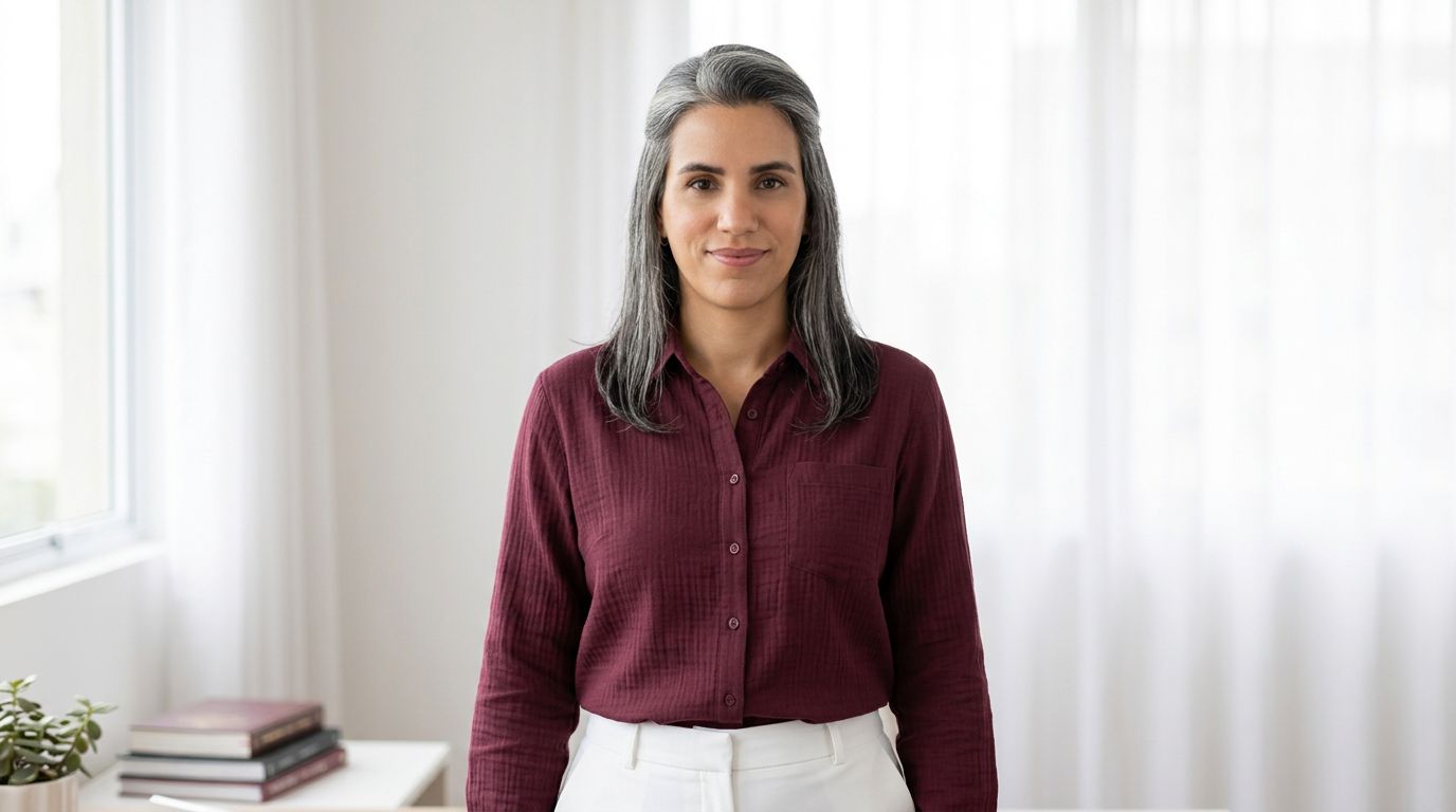 Retrato da psicóloga Alice Morbeck em ambiente iluminado, com expressão serena
